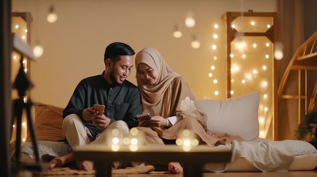  happy malay couple muslim watching online content via smartphone. Both of them sitting on the sofa in the house with cinematic lighting.
