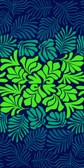 Dark blue green abstract background with tropical palm leaves in Matisse style. Vector seamless pattern with Scandinavian cut out elements.