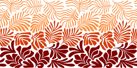 Fototapeta na wymiar Red orange abstract background with tropical palm leaves in Matisse style. Vector seamless pattern with Scandinavian cut out elements.