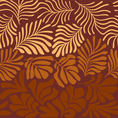 Brown beige abstract background with tropical palm leaves in Matisse style. Vector seamless pattern with Scandinavian cut out elements.