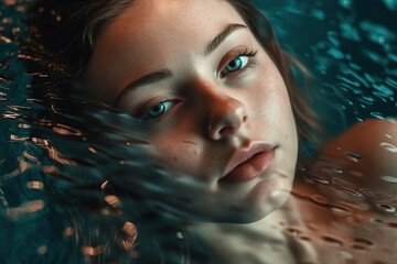 A girl with serene face lies out of the water in the pool, made with Generative AI