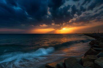 Obraz premium Amazing sunset at the ocean shore or sea. Beautiful sky with sun setting at the seaside. Ai generated