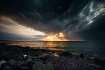 Fototapeta premium Amazing sunset at the ocean shore or sea. Beautiful sky with sun setting at the seaside. Ai generated