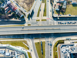 City highway multilevel crossroad in Krakow, Poland. Tramway, cars, zebras, Aerial view from above