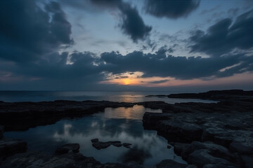 Obraz premium Amazing sunset at the ocean shore or sea. Beautiful sky with sun setting at the seaside. Ai generated