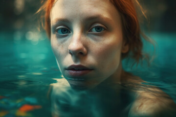 Photo shoot in a pool, Close-up headshot of a young beautiful woman, made with Generative AI