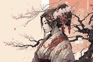 Fototapeta premium Geisha woman, Sakura, illustration, Japanese painting style, AI generated