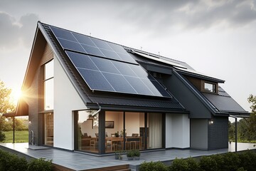 Solar panels on modern house roof, modern eco-living, AI generated