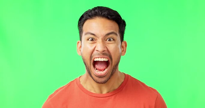 Scream, face and man in a studio with green screen with a yelling or angry face expression. Shout, angry and portrait of an annoyed Indian male model screaming isolated by a chroma key background.