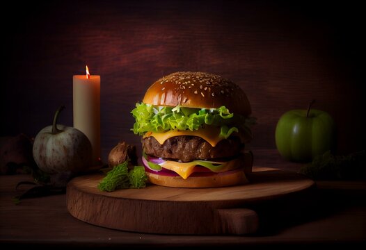 a hamburger with cheese, lettuce, and other toppings on a wooden board with a candle and a green apple on the side.  generative ai
