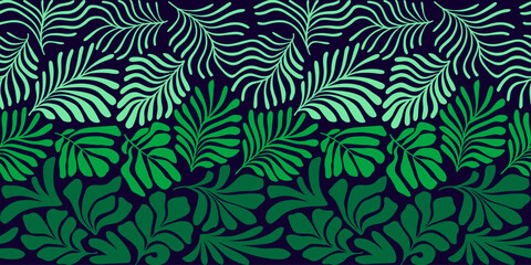 Green gradient abstract background with tropical palm leaves in Matisse style. Vector seamless pattern with Scandinavian cut out elements.