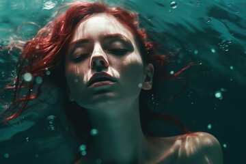 A girl with her head underwater, in the style of smooth and polished, light teal and light red, warmcore, slumped, made with Generative AI.