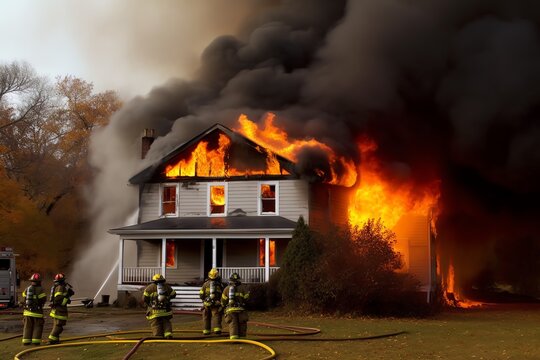 Burning house. Burning roof. Building on fire. Firefighters fighting against fire. Generative AI