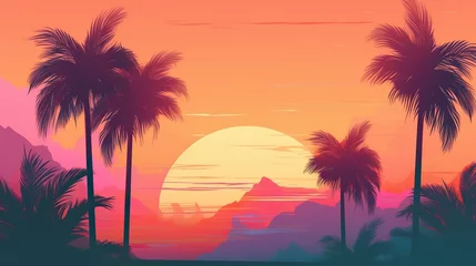 Zelfklevend Fotobehang Palm trees on the background of a colorful bright sunset, red sun. Summer tropics vacation © Mars0hod