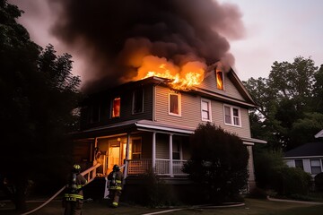 Burning house. Burning roof. Building on fire. Firefighters fighting against fire. Generative AI