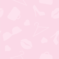Fashion Pink Seamless Pattern. Vector seamless pattern or background with fashion elements, bags, kisses, hearts, shoes
