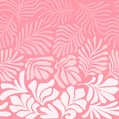 Pink white abstract background with tropical palm leaves in Matisse style. Vector seamless pattern with Scandinavian cut out elements.
