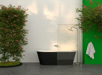 modern luxury bathroom with shower and tree - 3D Illustration