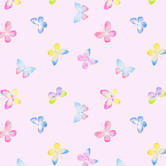 Butterfly pattern, colorful butterflies, pink fabric pattern, pastel background with butterflies, wallpaper, pastel, insects, watercolor illustration	