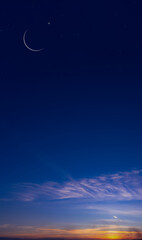 Obraz na płótnie Canvas Islamic card with Crescent moon,Star on Sunset Sky,Horizon Nutural Ramadan Sky for religions symbolic of Muslim culture for Generous Ramadan,New Moon,Prayer time.Eid Mubarak,Eid al Adha,Eid al Fitr