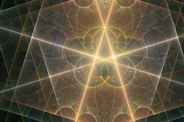 Orange glowing pattern of curved shapes and rays on a black background. Abstract fractal 3D rendering