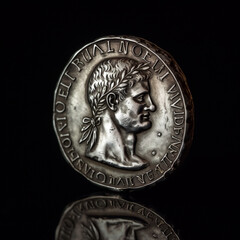 Silver Roman coin depicting Roman Emperor, ai generative