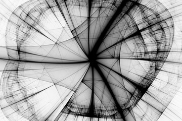 Black pattern of curved waves and rays on a white background. Abstract fractal 3D rendering