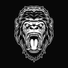 Gorilla head mascot Black and White illustration