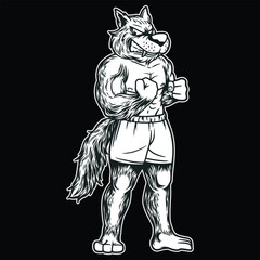 Wolf Logo Mascot Black and White Illustration standing for Fitness