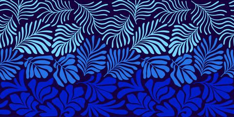 Naklejka na ściany i meble Blue gradient abstract background with tropical palm leaves in Matisse style. Vector seamless pattern with Scandinavian cut out elements.