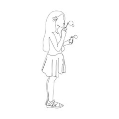 Little girl blowing soap bubbles. Vector sketch hand drawn with black lines, isolated on white background. 