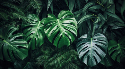 Naklejka na ściany i meble Tropical plant leaves background image, direct view