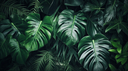 Naklejka na ściany i meble Tropical plant leaves background image, direct view