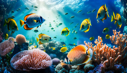 Obraz na płótnie Canvas Colorful tropical fish life in the coral reef, animals of the underwater sea world, Generative AI