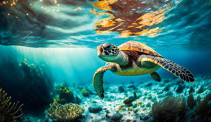 turtle life in the coral reef, animals of the underwater sea world, Generative AI - obrazy, fototapety, plakaty