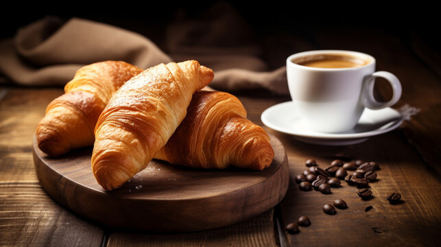 Freshly brewed coffee and croissants: A classic breakfast combination, featuring flaky croissants. AI generated image.