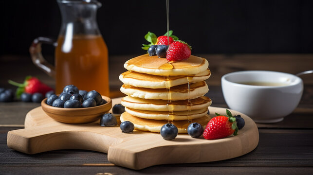 A stack of fluffy pancakes topped with fresh berries, drizzled with maple syrup. AI generated image.