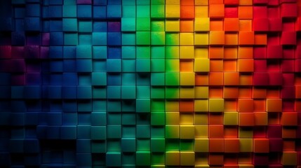 Illustration of a rainbow-colored wall with square patterns generated by AI created with Generative AI technology