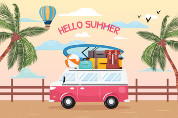 Banner with a summer illustration. Minivan driving on the street and tropical palms on the background.