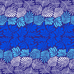 Fototapeta na wymiar Blue white abstract background with tropical palm leaves in Matisse style. Vector seamless pattern with Scandinavian cut out elements.