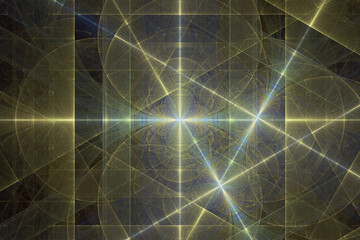 Yellow blue glowing pattern of curved shapes and rays on a black background. Abstract fractal 3D rendering