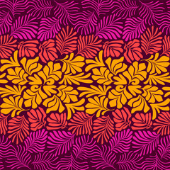 Purple yellow abstract background with tropical palm leaves in Matisse style. Vector seamless pattern with Scandinavian cut out elements.