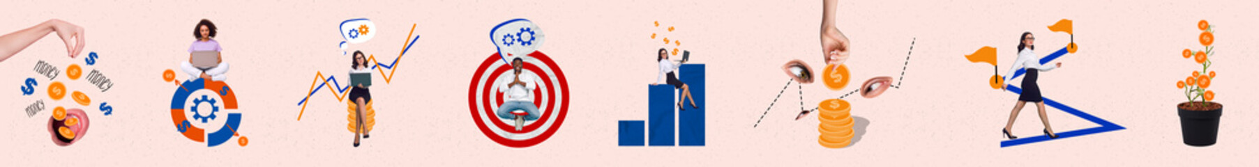 Collage photo collection creative artwork design business concept entrepreneur woman success become...