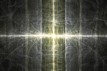 Yellow gray glowing pattern of curved waves and rays on a black background. Abstract fractal 3D rendering