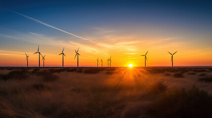 Fototapeta na wymiar wind turbines at sunset, landscape, renewable energy, generative AI