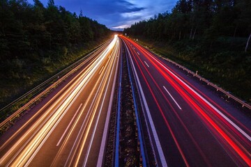 Long exposure of the lights of the cars on the road at sunset