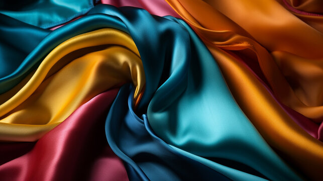 Bold and colorful silk charmeuse: A lustrous and smooth fabric with a glossy finish. Generative AI image.