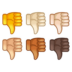 Different mood emoji. Emotional Thumbs down emoji hand set of various skin tones cute cartoon stylized vector cartoon illustration icons. Isolated on white background.