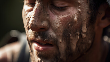 Tired hiker portrait of a men traveler, with a beard. Face covered in sweat and dirt, survivor concept
