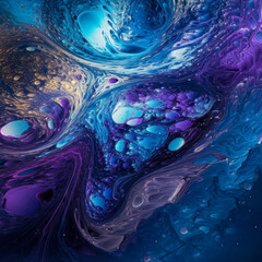 "Cosmic Explosion": Create a fluid art image that features deep purples and blues, with pops of bright white or metallic accents, abstract